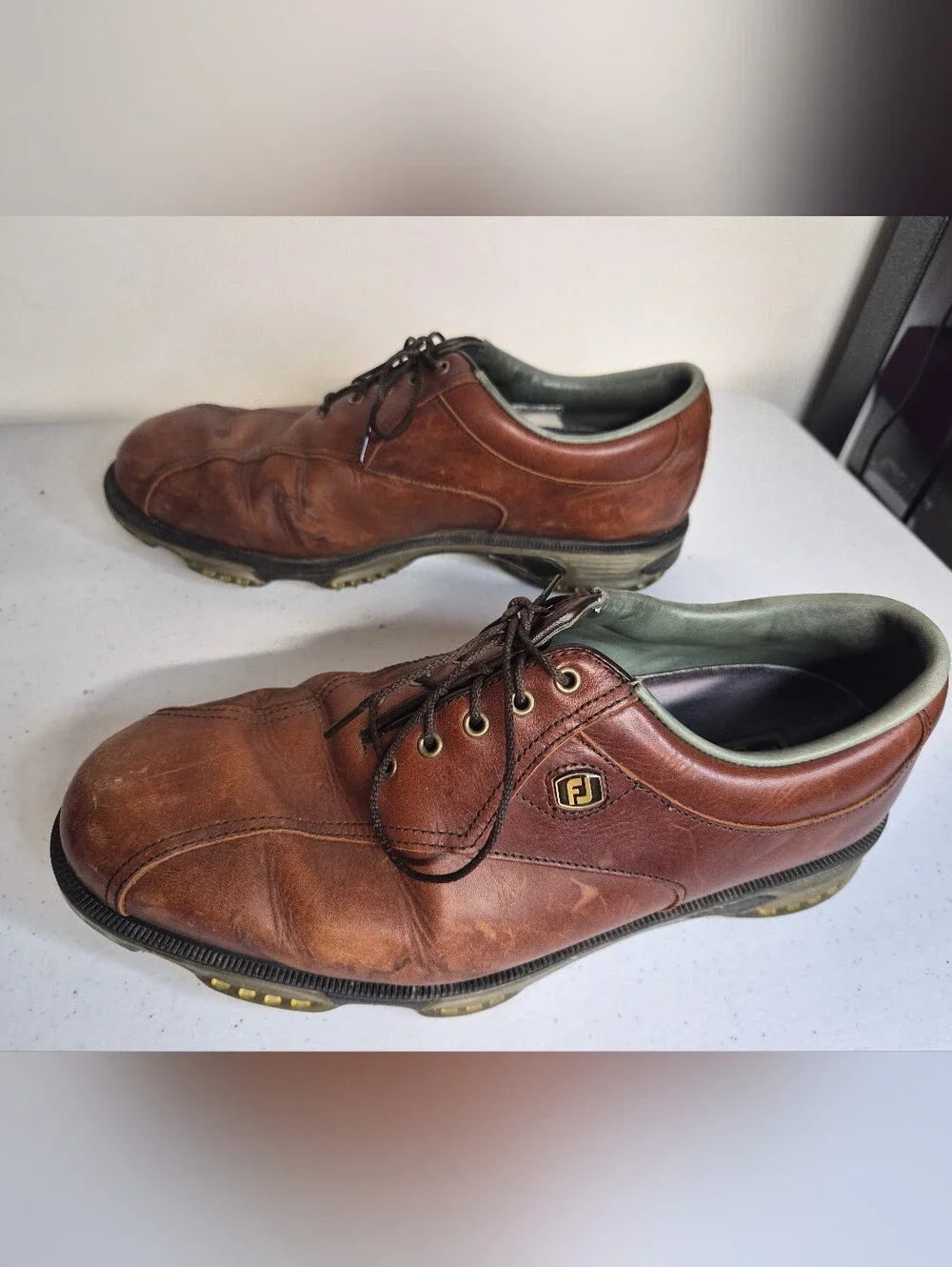 Footjoy DRYJOYS Tour Spiked Golf Shoes Brown Leather Men’s Size 10W-Pre Owned